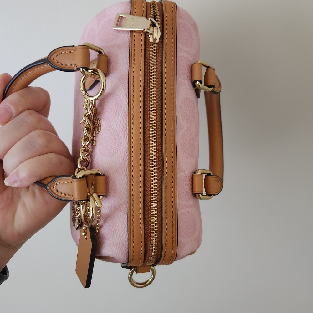 Coach Powder  Pink Signature Mini Satchel with Tan Handles & Gold Hardware Cek79 - Picture 5 of 7